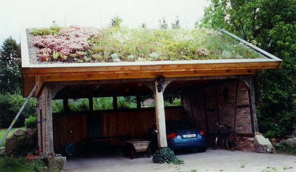 Carport aus alten Baumaterialien mit Gründach